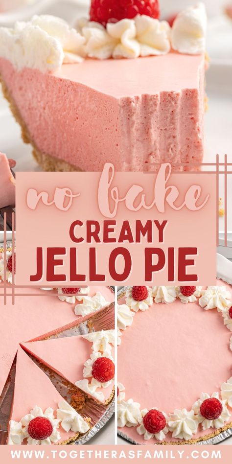 You will love how easy this No Bake Jello Pie is to make! A graham cracker crust filled with a smooth & creamy, light tasting jello mixture. Top it with whipped cream for a super easy no bake dessert. The best part is that you can use any flavor of Jello you want! Gram Cracker Jello Dessert, No Bake Jello Pie Recipes, Strawberry Jello Pie Cool Whip, Jello Deserts Ideas, Jello Pie Cool Whip Cream Cheese, Cool Whip Jello Pie, Desserts With Jello Powder, Whipped Cream Jello Dessert, Jello And Ice Cream Dessert