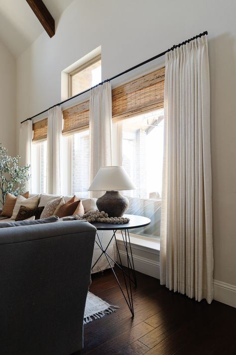 Curtains For Very Wide Windows, 3 Panel Window Curtains, 3 Windows In A Row Living Rooms, Modern Farmhouse Dining Room Curtains, Curtains Long Windows, 4 Window Curtain Ideas, One Curtain Rod Two Windows, Large Bay Window Treatments, Curtains Wide Windows