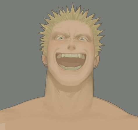 Tags: Large man, low pov, big smile, blue eyes, spiky hair, blond, wide neck. happy, male art reference Spiky Hair Character Design, Spiky Hair Anime Guy, Spiky Hair Men Drawing, Big Smile Drawing, Spiky Anime Hair, Spiky Hair Drawing, Male Eye Drawing Reference, Neck Reference, Hair References Drawing