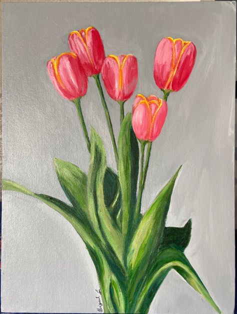 Tulip Gouache Painting, Tulip Canvas Painting Easy, Painted Tulips Acrylics, How To Paint Tulips Acrylics, Tulip Painting Acrylic Easy, Acrylic Painting Tulips, Tulips Painting Acrylic, Tulip Acrylic Painting, Paint Therapy