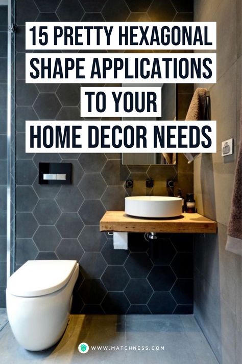 You can bring a modern look by applying hexagon accents to your home decor. Apply black hexagon tiles on your bathroom wall so that it will present a simple and elegant look. Adding recessed lighting that highlights a portion of the hexagon wall will make your decor look perfect. #hexagonalinterior #homedecoration Hexagon Tiles Bathroom Wall, Bathroom Hexagon Tile Wall, Hexagon Tile Bathroom Wall, Black Hexagon Bathroom, Black Hexagon Backsplash, Hexagon Tiles Bathroom, Honeycomb Tiles Bathroom, Hexagonal Tiles Bathroom, Bathroom Hexagon Tile