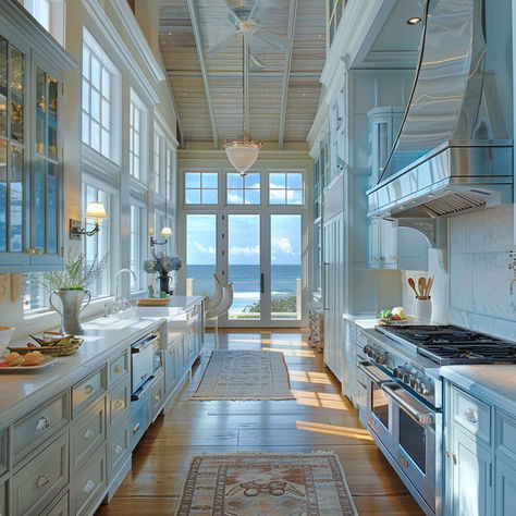 South Carolina Coastal Kitchen style Big Beach House Kitchen, Beach House In South Carolina, Beach House South Carolina, Coastal Granddaughter House, Blue House Interior, Coastal House Interior, Beachy Kitchen Ideas, South Carolina Beach House, Carolina Beach House