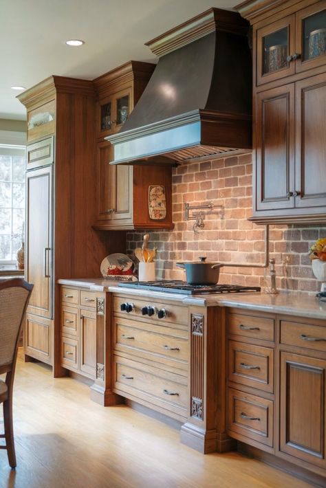 Kitchen Backsplash With Oak Cabinets, Backsplash With Oak Cabinets, Warm Wood Kitchen Cabinets, Red Brick Backsplash, Red Brick Kitchen, Rh Kitchen, Warm Wood Kitchen, Backsplash Kitchen Ideas, Brick Kitchen Backsplash