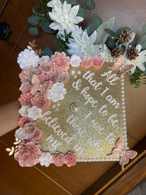 College Graduation Cap Designs Simple, Diy Grad Cap Decoration, Cap And Grown Decorations, First Gen College Grad Cap, Grad Cap Dedicated To Mom, Pink Cap For Graduation, Grad Cap Topper Ideas, Graduation Cap Designs With Butterflies, Cap Decorations Ideas