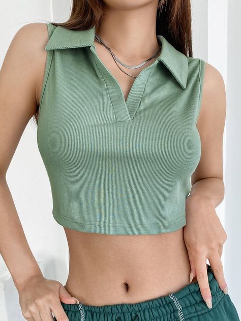 Mint Green Fabric, Trending Tops, Polo For Women, Knitted Crop Tank Top, Ballet Core, Fashion Days, Crop Tank Top, Plus Size Fashion For Women, Ribbed Dresses