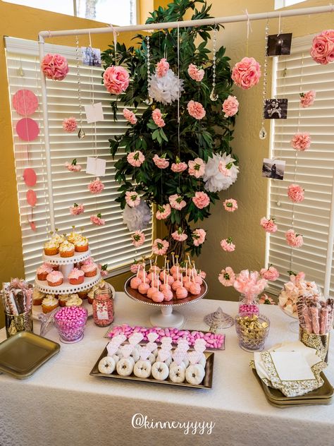 pink gold floral bridal shower dessert table carnation backdrop Pink Dessert Tables Wedding, Desert Table Backdrops, Floral Dessert Table Ideas, Baby In Bloom Shower Dessert Table, Dessert Table Ideas Pink, Carnation Backdrop, Dessert Table Backdrop Ideas, Treat Table Set Up, Bridal Dessert Table