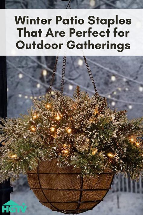 Winter Backyard Ideas Snow, Winter Pergola Snow, Fake Outdoor Plants Winter, Deck Holiday Decorating, Cold Weather Patio Outdoor Spaces, Winter Plants Outdoor Front Porches, Holiday Deck Decorating Ideas, Winter Exterior Decor, Winter Deck Decor