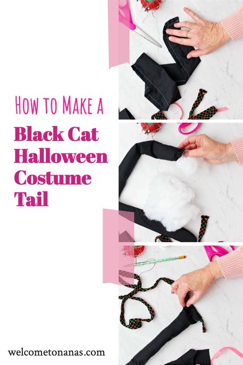 Need an easy Halloween costume idea for kids or adults? Make your own DIY Black Cat Costume Tail with this quick tutorial! Follow step-by-step instructions to also make a cat mask, collar, and cat ears! Cat Tail Costume Diy, Black Cat Tail Costume, Diy Cat Halloween Costumes For Kids, How To Make A Cat Tail For A Costume, Diy Cat Ears And Tail, Black Cat Diy Costume, Diy Cat Tail Easy, How To Make A Cat Tail, Crochet Cat Tail For Costume