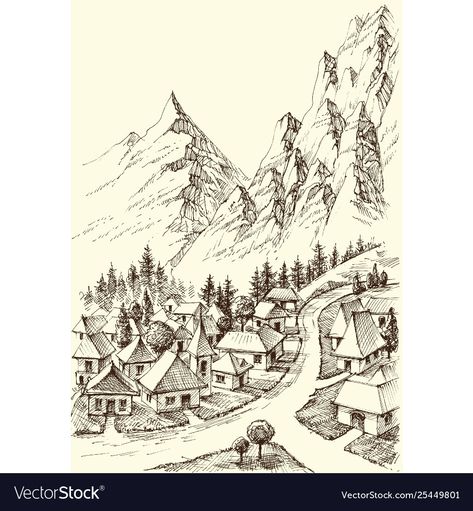 Village Art Draw, Mountain Cabin Drawing, Mountain Village Drawing, Village Reference Drawing, How To Draw Village, How To Draw A Village, Villages Drawing, Village Drawing Pencil, Village Scene Drawing Pencil