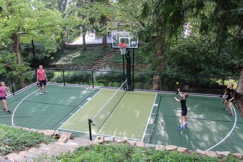 Pickleball Court In Yard, Pool And Pickleball Court, Basketball Pickleball Court, Home Pickle Ball Courts, Pickleball Home Court, Multisport Court Backyard, Pickleball Basketball Court, Backyard Pickle Ball Court, Indoor Pickle Ball Court