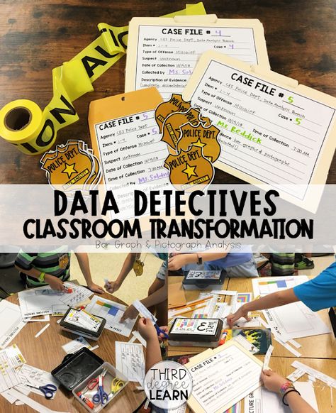 Data Detectives Math Mystery Classroom Transformation Classroom Detective Activity, Detective Room Transformation, Math Room Transformations, Classroom Transformation Ideas, Detective Themed Classroom, Mystery Unit, Ron Clark, Detective Theme, Math Mystery