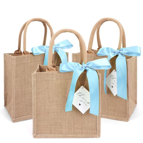 PRICES MAY VARY. ✔ PACKAGE INCLUDES - 6 burlap tote bags, 6 blue silk ribbons and 6 thank you cards. You can use these silk ribbons and thank you cards to decorate them as burlap gift bags for your parties! ✔LONG LASTING AND REUSABLE - These burlap bags are made of 100% natural jute, so they are great for the environment. Thickened jute(450gsm thickness) makes them stronger，long lasting and reusable. ✔ MEDIUM SIZE BUT LARGE CAPACITY - Approximately 9.8 x 9.8 x 7in. Perfect size to hold various i Personalized Burlap Bags, Couples Trip Gift Bag Ideas, Bridal Shower Gift Bags For Guests, Bachelorette Basket Ideas, Bridesmaids Bags, Bachelorette Beach Party, Bachelorette Goodie Bags, Wedding Guest Gift Bag, Bridal Shower Gift Bags