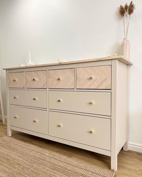 Suri & Nacim | Furniture & Decor on Instagram: “•Sold• Remember that blue/orange dresser with all the stripping and sanding? Well here it is! Beautiful herringbone in a neutral tone!…” Sand And Stain Dresser, Furniture Flipping Ideas Inspiration, Painting Dresser Ideas Diy, Sand And Restain Dresser, Two Toned Dresser, Beige Dresser Wood Top, Cream Dresser With Wood Top, Furniture Flips, Dresser With Striped Drawers