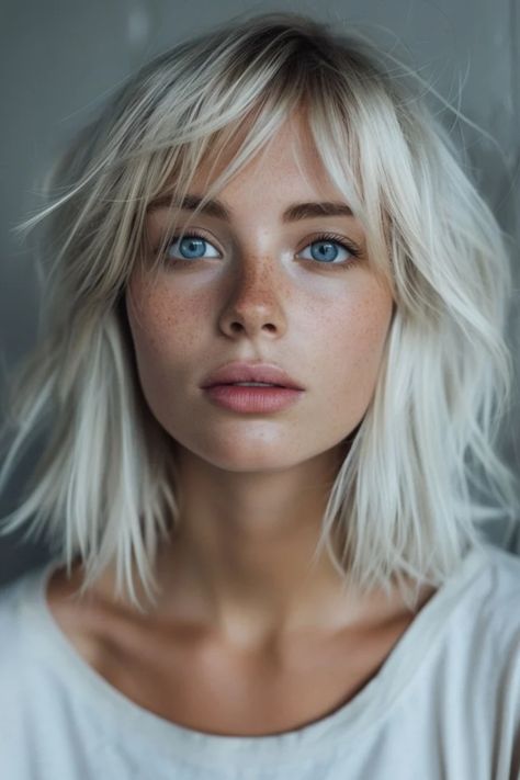 Blonde woman with blue eyes and shoulder-length hair, looking at the camera against a blurred background. Long Bob Haircuts Straight Fine Hair, Edgy Blonde Bob, Shaggy Long Bob For Fine Hair, Shaggy Bob Fine Hair, Edgy Bobs For Fine Hair, Textured Shaggy Bob, Textured Blonde Bob, Dirty Blonde Bob With Bangs, Fine Hair Bob With Bangs