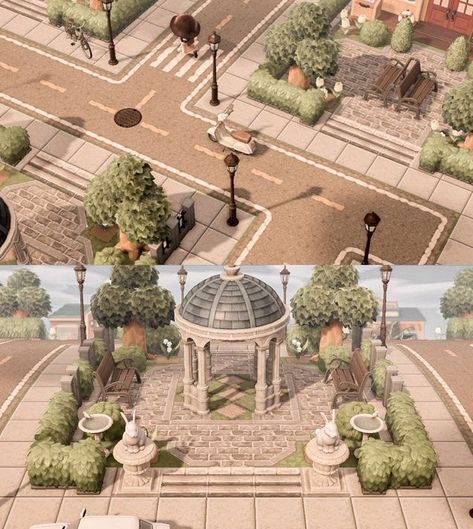 Acnh Structured Island, Acnh Solarpunk, Animal Crossing Empty Space Ideas, Acnh Citycore Ideas, Acnh Courtyard, Acnh Citycore Entrance, Acnh Inspiration Town, Acnh City Ideas, Acnh Ideas For Empty Space