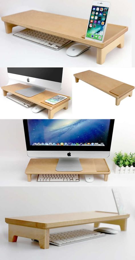 Phone Stand Diy Wooden, Wooden Monitor Stand, Diy Monitor Stand, Monitor Stand Diy, Desk Monitor Stand, Office Table Accessories, Wood Monitor Stand, Laptop Stand Wood, Imac Stand