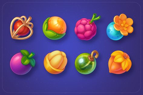 Fruits and Food / Props on Behance Fantasy Fruit, Game Fruit, Fruit Icons, Game Icons, Food Illustration Art, Casual Art, 2d Game Art, Food Props, Cute Food Drawings