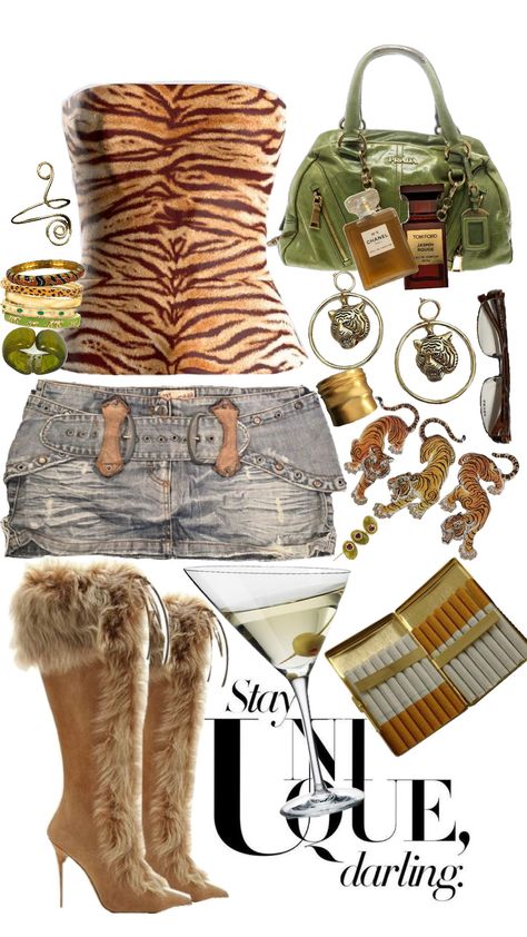 Brown And Gold Outfit Ideas, Gold Y2k Aesthetic, Aruba Outfits Black Women, Green And Cheetah Print Outfit, Cheetah Inspired Outfit, Olive Green And Burgundy Outfit, Tiger Clothes Fashion, 70s Couture Fashion, Pink And Animal Print Outfit