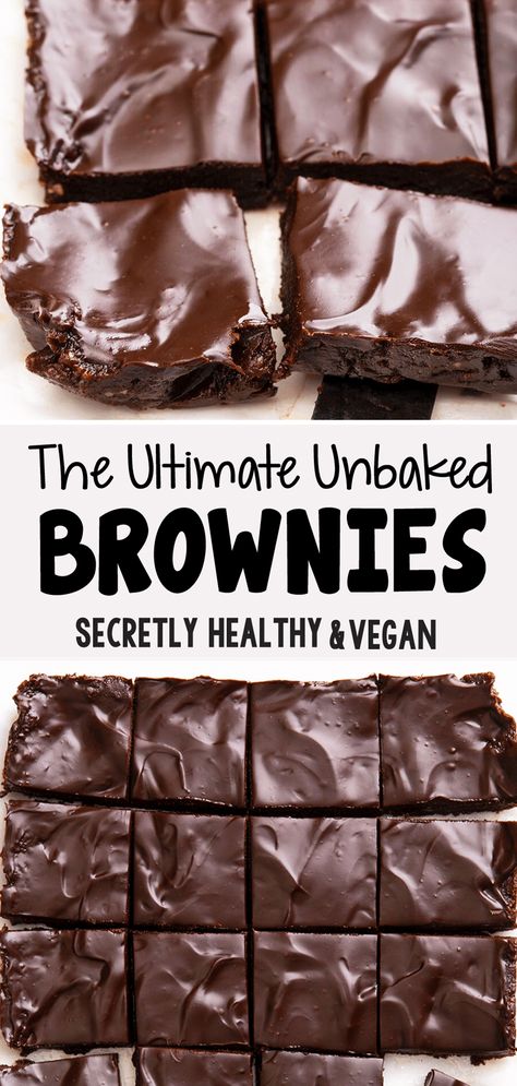 Healthy Vegan Brownie Recipe (no bake, paleo, flourless) Heart Healthy Brownies, No Bake Date Brownies, Unbaked Brownies, Dates Smoothie, Vegan Brownie Recipe, Bake Brownies, Vegan Brownies Recipe, Raw Brownies, Healthy Chocolate Recipes