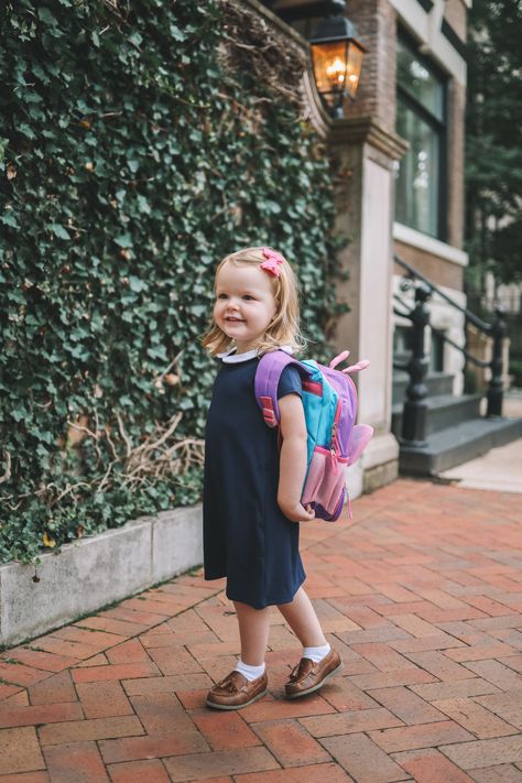 School Outfit Uniform, Consumer Board, Preschool Photography, Stylish Children, Preschool First Day, Butterfly Backpack, Kelly In The City, Pan Collar Dress, Toddler School