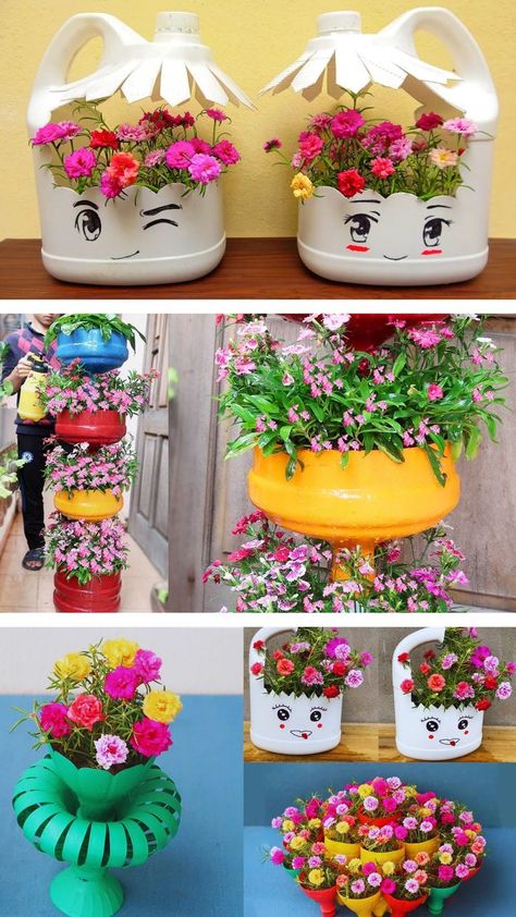 Top 6 AWESOME IDEAS Recycle plastic bottle into a beautiful flower pots Plastic Bottle Crafts Flowers, Plastic Bottle Planter, Plastic Bottle Crafts Diy, Upcycle Plastic, Plastic Jugs, Plastic Bottle Art, Diy Plastic Bottle, Fleurs Diy, Diy Flower Pots