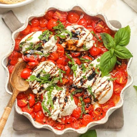 Burrata with Roasted Tomatoes - SueBee Homemaker Burrata Recipe, Happy Hour Food, Fresh Cherry, Burrata Cheese, Balsamic Glaze, Roasted Peppers, Great Appetizers, Roasted Tomatoes, Family Friendly Meals