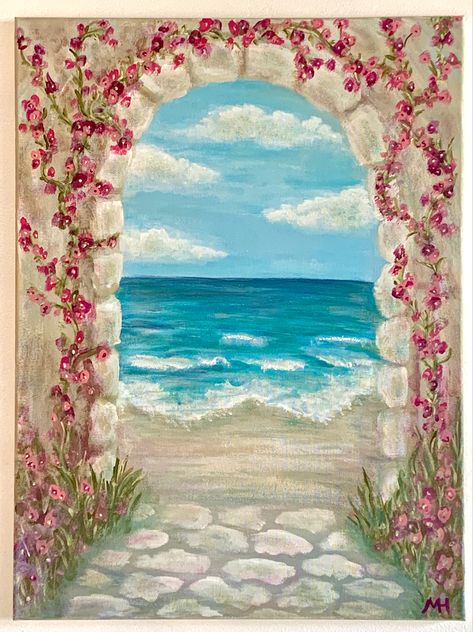 Things To Paint Landscapes, Summer Time Paintings, Summer Theme Painting, Aesthetic Summer Painting Ideas, Acrylic Paint Scenery, Painting Ideas On Canvas Detailed, Aesthetic Summer Paintings, Acrylic Painting Cards, Art Landscapes Painting