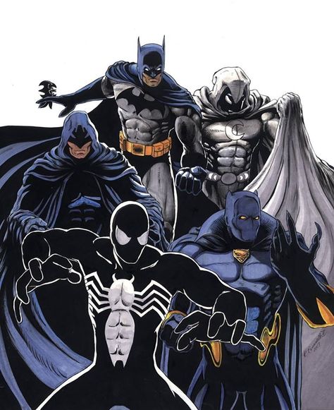 Spider-man Batman Black Panther Moon Knight Dark Avengers, Dc Comics Vs Marvel, Black Panther Art, Marvel Characters Art, Batman Wallpaper, Batman Comic Art, Batman Universe, Superhero Characters, Marvel Vs Dc