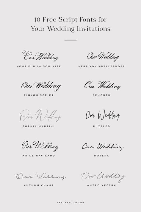 10 Free Script Fonts for Wedding Invitations - sandrapicco.com Cursive Wedding Fonts, Wedding Sign Fonts Dafont, Dafont Wedding Fonts, Popular Wedding Fonts, Wedding Envelope Fonts, Adobe Fonts For Wedding, Wedding Fonts Dafont, Free Canva Wedding Fonts, Free Wedding Fonts Download