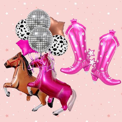 PRICES MAY VARY. Everything a Girls Party Needs: Make a statement at your next bachelorette party or bridal shower with this stunning 10PCS disco cowgirl decorations set, which includes 2 oversized cowgirl boot balloons, 2 different colored horses, 2 disco 4D balloons, 2 stars and 2 Cow print balloons, lets go girls party decorations unique design will add a touch of fun and excitement to your celebration, everyone will love it! Floating in the air: These gorgeous western foil balloons are speci