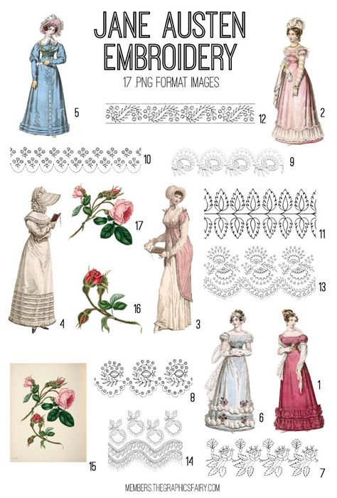 Jane Austen Knitting Patterns, Embroidery Patterns Free Flower, Historical Embroidery Designs, Historical Embroidery Patterns, Jane Austen Embroidery Pattern, Victorian Embroidery Designs, Jane Austin Fashion, Regency Aesthetic Jane Austen, Embroidery Vintage Patterns