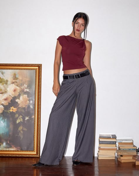 Women's Trousers - Motel Rocks – motelrocks.com Pinstripe Trousers Outfit Casual, Grey Pinstripe Pants Outfit Women, Pinstriped Trousers Outfit, Grey Pinstripe Trousers Outfit, Grey Tailored Pants Outfit, Low Rise Trousers Outfit, Business Pants Outfit, Outfits With Grey Pants, Dark Grey Pants Outfit