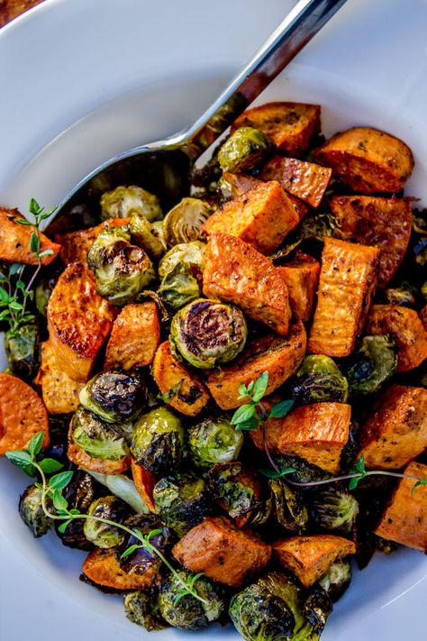 Roasted Sweet Potatoes and Brussels Sprouts from The Food Charlatan Tri Tip Sides, Cobbler Apple, Marshmallow Fudge, Homemade Marshmallow, The Food Charlatan, Meat Lover, Food Charlatan, Corn Casserole, Sprout Recipes