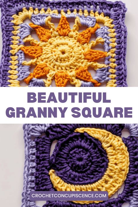 Stunning Sun and Moon Crochet Granny Square Pattern Sun And Moon Granny Square Blanket, Design Granny Square, Best Granny Square Patterns, Crochet Granny Square Stitch, How To Crochet A Moon Granny Square, Sun And Moon Granny Square Crochet Pattern, Granny Star Blanket Crochet Pattern, Granny Circles Crochet Pattern, Crochet Paw Print Keychain Pattern Free