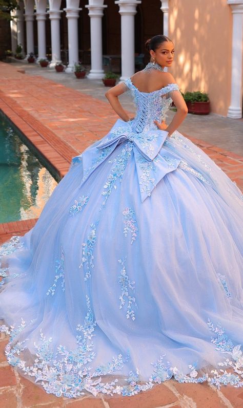 Light blue bow back off the shoulder quinceanera ball gown. Light Blue And Gold Quinceanera Dress, Sky Blue Quinceanera Theme, Quinceanera Dresses Baby Blue, Baby Blue Quince Dresses, Baby Blue Quinceanera Dresses, Light Blue Ball Gown, Baby Blue Quinceanera, Light Blue Quinceanera Dresses, Light Blue Quince