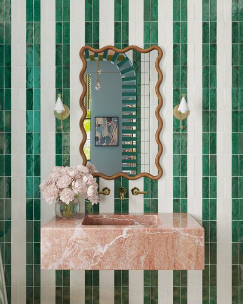 Living By Design Showhouse 2023 • Guest Bedroom / Closet + Bathroom — OLD BRAND NEW Striped Tile Bathroom, Buchanan Studio, Moorish Design, Bathroom Accent Wall, Closet And Bathroom, Bathroom Accents, California Closets, Interiors Dream, Chic Bathrooms