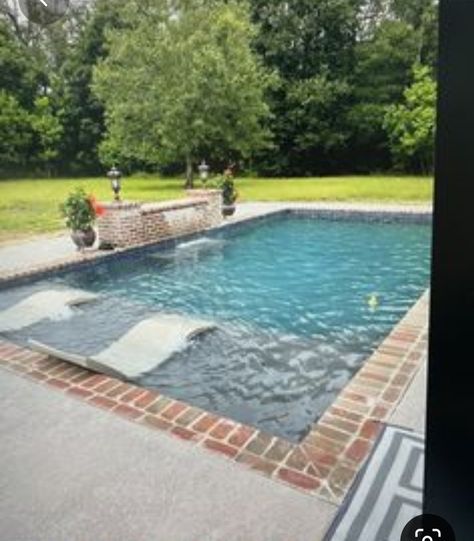 Inground Pool Farmhouse, Pools With Sundeck, Pool In Wooded Yard, Pools With Shallow Area, Smaller Backyard Pools, 12x24 Pool Inground Ideas, Smaller Pool Ideas, Rectangular Pool With Hot Tub, Plunge Pool With Waterfall