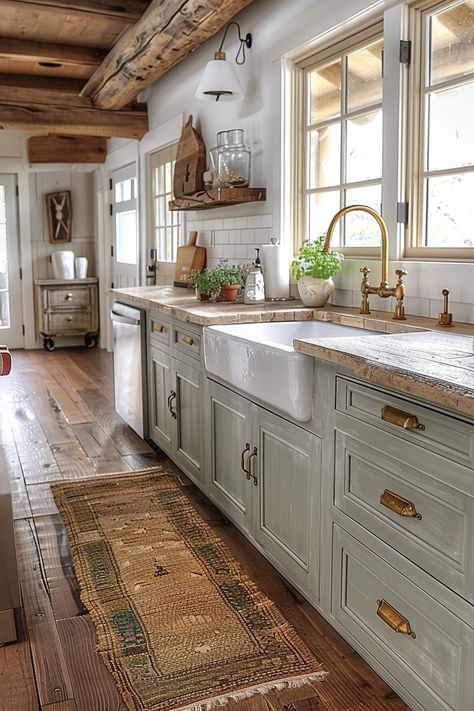 Country Cozy Kitchen, Modern Farmhouse Kitchen Green Cabinets, Old Fashioned Farmhouse Kitchen, European Farmhouse Aesthetic, Rustic Cozy Kitchen, Country Chic House Decor, Diy Home Remodel Ideas, Cottage Kitchen Decor Ideas, British Farmhouse Interiors