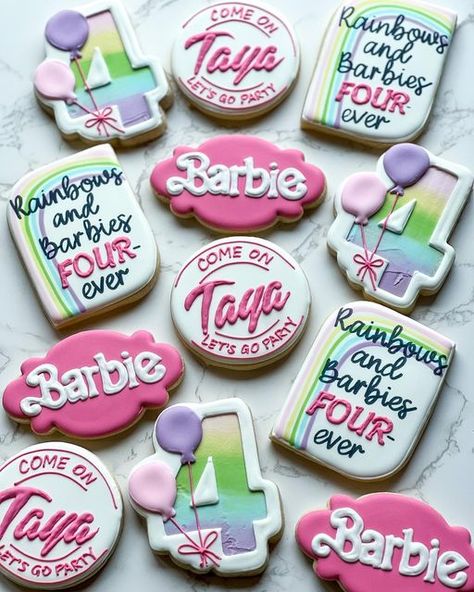 Jessica Schmitt | Montello, WI custom cookies on Instagram: "Rainbows and Barbies FOUR ever! . #sunsetsweetsbyjess #comeonbarbieletsgoparty #barbiecookies #rainbowcookies #rainbowsandbarbies4ever #fourthbirthday #4cookies #wisconsincookier #wisconsinsmallbusiness #shoplocalwisconsin #montellowisconsin" Rainbows And Barbie Four Ever, Heart Cookies Recipe, Rainbow Cookies, Fourth Birthday, Girl Rainbow, Heart Cookies, Barbie Birthday, Barbie Party, Barbie Princess