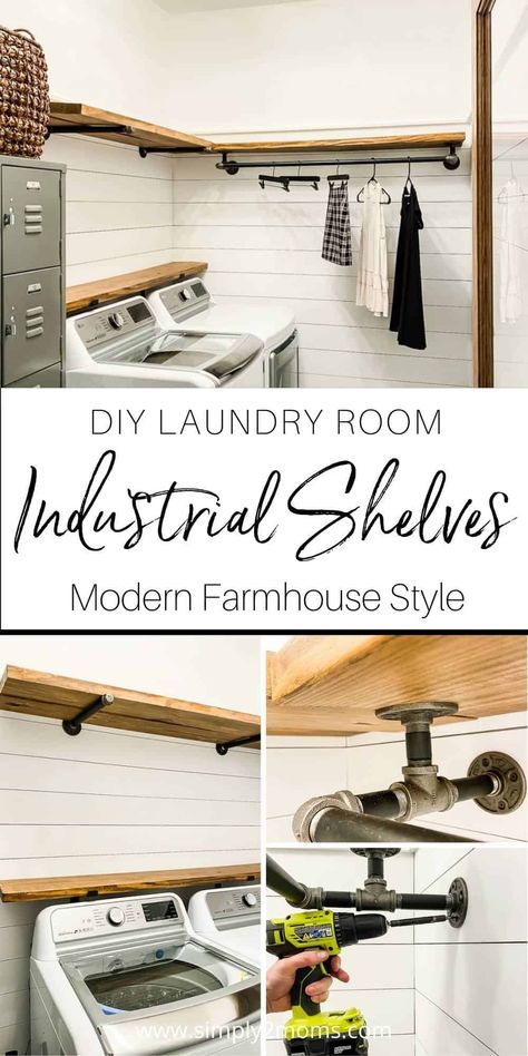 Laundry Rod Hanger, Pipe Shelves Diy, Laundry Room Hanging Ideas, Diy Laundry Room Shelves, Laundry Room Shelving Ideas, Laundry Room Shelving, Diy Laundry Room, Laundry Shelves, Laundry Room Doors