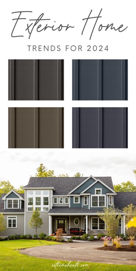 2024 House Exterior Trends include Contrasting light and dark colors, like matte black with brick, stone, shingles or wood, creates dramatic outdoor spaces. Earthy tones, such as navy blue, forest green, dark brown and red, combined with nature-inspired materials offer organic texture and warmth. Other trending colors for 2024 include vivid teal and aqua blue for a sense of serenity. Dark Siding House Exterior Colors, House Exterior Trends, Pvc Siding, Modern Farmhouse Ideas, Composite Siding, Farmhouse Exterior Design, Vertical Siding, Trending Colors, Exterior House Color