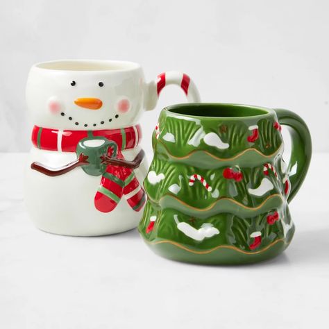 Playful Holiday Mugs: Williams Sonoma Figural Christmas Tree and Snowman Mug Set Cute Mugs Christmas, Christmas Mug Set, Christmas Tree Mugs, Christmas Mugs Ceramic, Cute Christmas Cups, Christmas Ceramic Mug, Pottery Ideas Christmas, Christmas Tea Cups, Cute Christmas Mugs