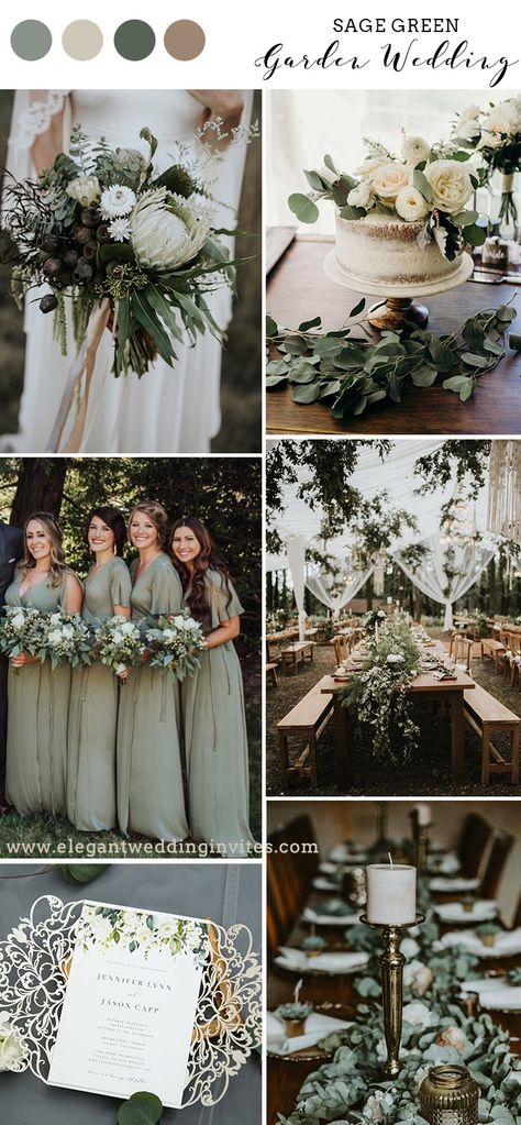 Wedding Color Schemes Greenery, Greenery Wedding Colors Palette, Garden Wedding Palette Colour, Sage Green Colour Palette Wedding, Botanical Boho Wedding, Rustic Wedding Gown With Sleeves, Sage Green Pallet Colour Palettes Wedding, Sage Wedding Theme Colour Palettes, Weddings In February Ideas