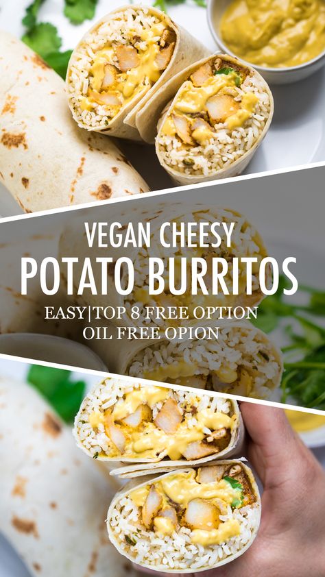 Vegan Cheesy Potato Burritos Potato Burrito Recipe, Potato Burritos, Vegan Nacho Cheese Sauce, Potato Burrito, Vegan Potatoes, Seasoned Roasted Potatoes, Sweet Potato Burrito, Vegan Nacho Cheese, Vegan Breakfast Burrito