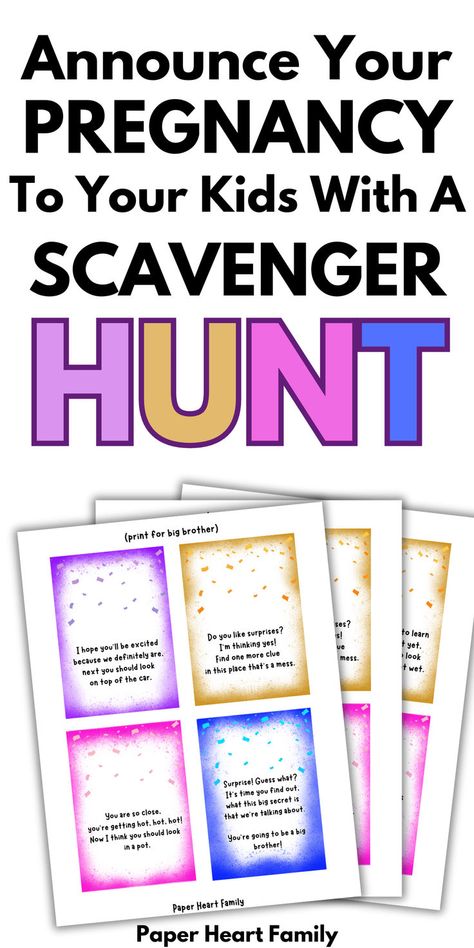 Looking for fun, creative ways to announce your pregnancy to your kids? Older siblings will LOVE this pregnancy announcement scavenger hunt! At the end of the hunt, your kids will receive big brother/sister certificates! Pregnancy Announcement Scavenger Hunt, Sibling Baby Announcements, Pregnancy Questions, Fun Pregnancy Announcement, Pregnancy Announcement Sibling, Scavenger Hunt Clues, Pregnancy Info, Pregnancy Advice, Scavenger Hunt For Kids