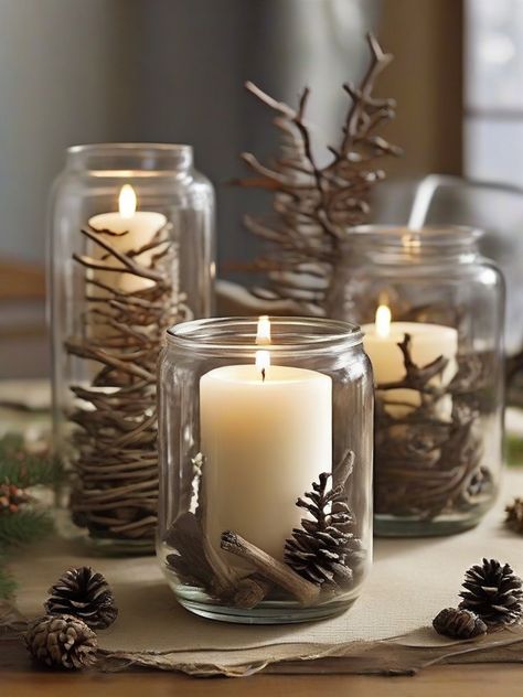 Create a cozy and nature-inspired centerpiece with these rustic candle holders made from twigs, pinecones, or small branches. Secure the natural elements around a glass jar or candle to create a warm and inviting atmosphere. #rusticdecor #candleholders #homedecor #DIYdecor #Christmasdecorations Simple Candle Light Dinner At Home, Natural Christmas Centerpieces, Natural Christmas Aesthetic, Christmas Window Sill Decor, Nature Christmas Decorations, Natural Fall Decor Diy, Birch Branch Ideas, Diy Table Decorations, Apartment Kitchen Design