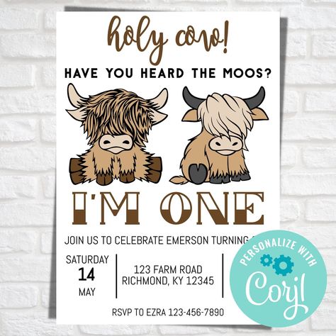 First Birthday Themes Cow, Cow Birthday Party Cake, Highland Cow Invitation, Highland Cow 1st Birthday Party, Highland Cow Birthday Theme, Highland Cow First Birthday Boy, Highlander Cow Birthday Party, Highland Cow Birthday Party Ideas, Cow Themed 1st Birthday Party