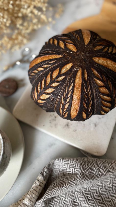 Bread Scoring Patterns, Pumpkin Sourdough, Black Cocoa Powder, Bread Scoring, Black Cocoa, Sourdough Loaf, Bread Lame, Pumpkin Loaf, Bread Shaping