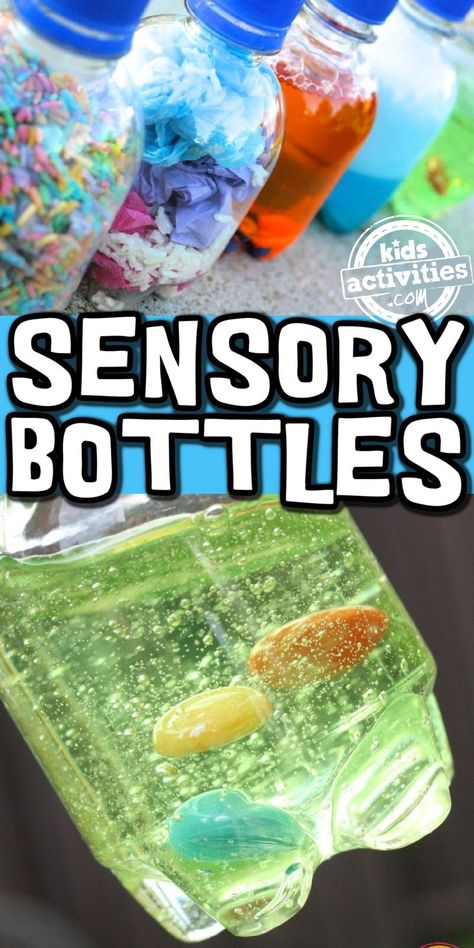 Text: sensory bottles - Kids Activities Blog - image of various types of sensory bottles including gel, liquid, colored rice, soap and more sensory fun for kids inside of upcycled water bottles in bright colors Diy Sensory Bottles, Sensory Bottles For Toddlers, Edible Sensory Play, Calming Bottle, Kids Sensory Activities, Diy Sensory, Discovery Bottles, Bored At Home, Getting Bored