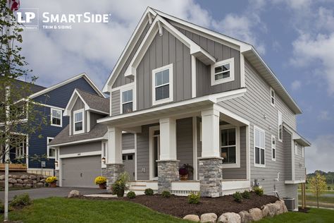 #Home featuring LP SmartSide lap #siding, panel siding and trim. Siding Inspiration, Smartside Siding, Lp Siding, Insulated Vinyl Siding, Starter Homes, Brown Roofs, Lp Smartside, Siding Styles, Exterior House Siding